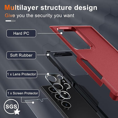RMOCR Case for Samsung Galaxy S25 Ultra, Full Body Heavy Duty Rugged Shockproof Protective Phone Cover with Lanyard Strap, Tempered Glass Screen Protector and Camera Lens Cover, Red