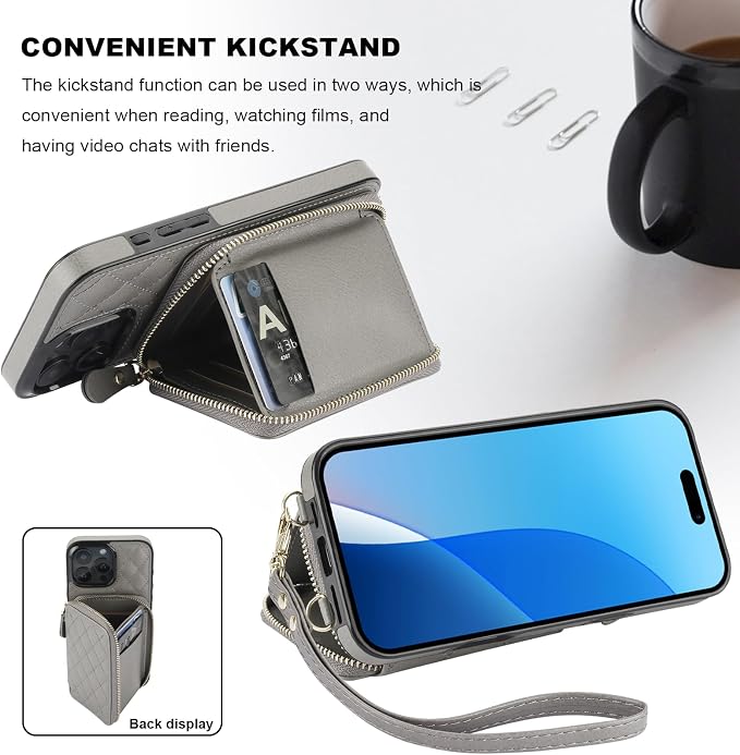 Bocasal Crossbody Wallet Case for iPhone 16 Pro Max, RFID Blocking PU Leather Zipper Handbag Purse Flip Cover, Kickstand Folio Case with Card Slots Holder Wrist Strap Lanyard 5G 6.9 Inch (Grey)