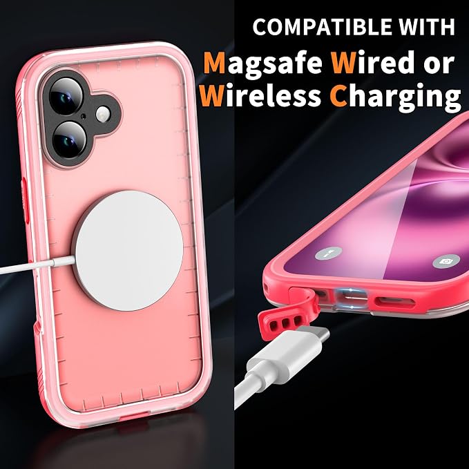 Cozycase for iPhone 16 Case Waterproof - 360 Heavy Duty with Screen/Camera Protector Shockproof IP68 Underwater Dustproof Water Dust Shock Proof Full Body/Front and Back Case Pink/Frosted Clear