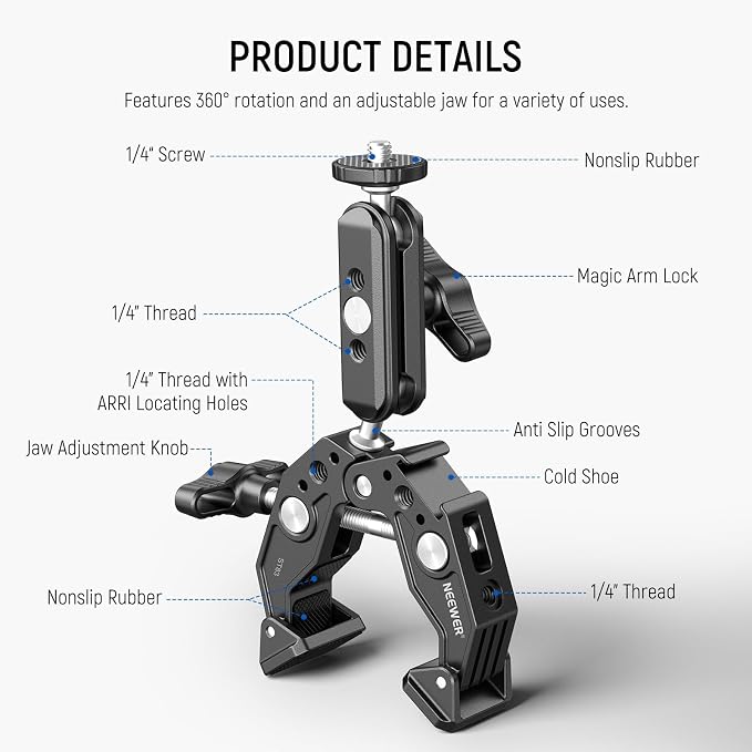 NEEWER Super Clamp Magic Arm Camera Mount with Phone Holder Action Cam Adapter Ball Heads 1/4" Threads Cold Shoe Cleaning Cloth Compatible with SmallRig GoPro for Desk Tripod Crossbar Gimbal Rod, ST83