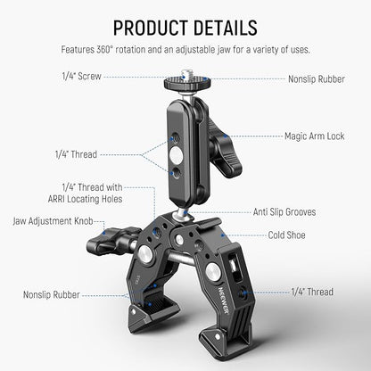 NEEWER Super Clamp Magic Arm Camera Mount with Phone Holder Action Cam Adapter Ball Heads 1/4" Threads Cold Shoe Cleaning Cloth Compatible with SmallRig GoPro for Desk Tripod Crossbar Gimbal Rod, ST83