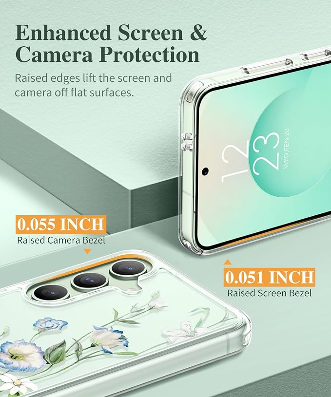 GVIEWIN for Samsung Galaxy S25 Plus Case, Clear Floral Slim Shockproof Protective Women Phone Case, Non-Yellowing, with Screen Protector & Camera Lens Protector for S25 Plus 6.7", Aquilegia/White