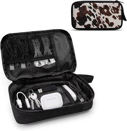Cow Print Electronic Organizer Travel Cable Organizer Storage Bags for Data Cables, USB C Charger, SD Card, Hard Drive, Charging Cord, Mouse, Power Bank
