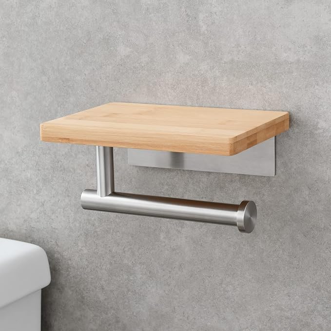 Tecmolog Wall Mount Tissue Paper Holder Self Adhesive Stainless Steel Toilet Paper Roll Holder with Phone Shelf for Bathroom, Brushed Nickel, SBH263NA