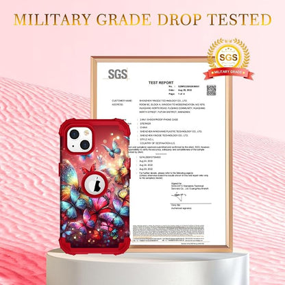 Hocase for iPhone 15 Case, Heavy Duty Shockproof Protection Soft Silicone Rubber Bumper+Hard Plastic Hybrid Protective Case for iPhone 15 (6.1" Display) 2023 - Shimmering Butterflies in Red
