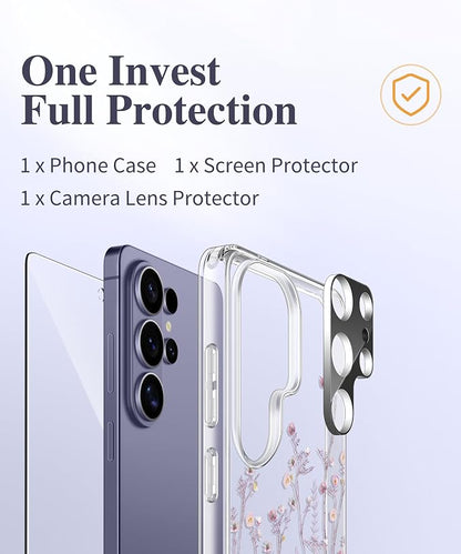 GVIEWIN Compatible with Samsung Galaxy S26 Ultra Case, Clear Floral Slim Shockproof Protective Women Phone Case, Non-Yellowing, with Screen Protector & Camera Lens Protector 6.9", Violet/Purple