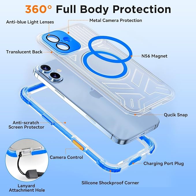 WIFORT for iPhone 16 Waterproof Case, [IP68 Underwater] [Blue Light Filter Lens] [15FT Military Shockproof], Fit for Magsafe Full Body Magnetic Frosted Phone Case with Lanyard, 6.1" Blue