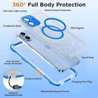 WIFORT for iPhone 16 Plus Waterproof Case, [IP68 Underwater] [Blue Light Filter Lens] [15FT Military Shockproof], Fit for Magsafe Full Body Magnetic Frosted Phone Case with Lanyard, 6.7" Blue