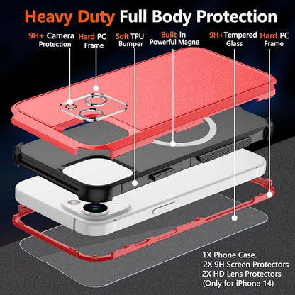 Diverbox Compatible iPhone 14 Phone Case,for iPhone 14 Magnetic Case [with Screen Protector & Camera Lens Protector ] Heavy Duty Phone Case for iPhone 14 (Red)