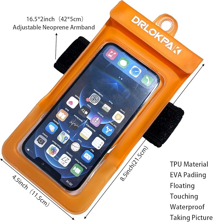 DRLOKPAK Waterproof Phone Case Armband Surfing Dry Bag Floating Waterproof Pouch Holder for iPhone 15 14 13 12 Pro Max XS Plus Se Galaxy S23 + Ultra W24 Google LG Phone up to 7inch (Orange)