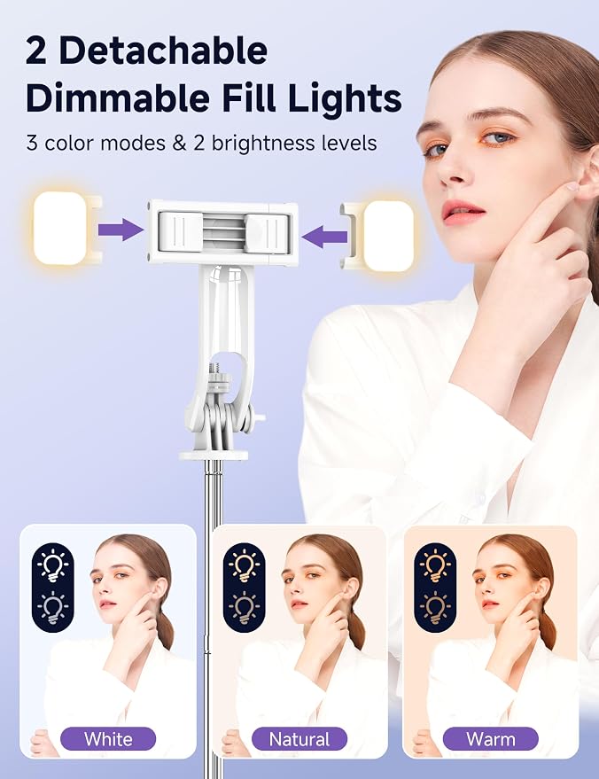 Selfie Stick Tripod with 2 Light, 3 Light Modes & 6 Brightness Levels Extendable Phone Tripod with Detachable Remote & Phone Holder, Portable Camera Tripod Compatible with iphone16 15 14 13/Android