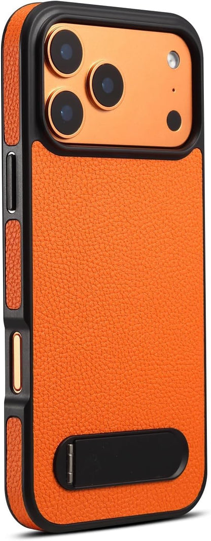 Magnetic Case for iPhone 17 Pro/17 Pro Max, Slim Lychee Pattern Leather Cover with Metal Kickstand Wireless Charging Phone Case,17pro,Orange