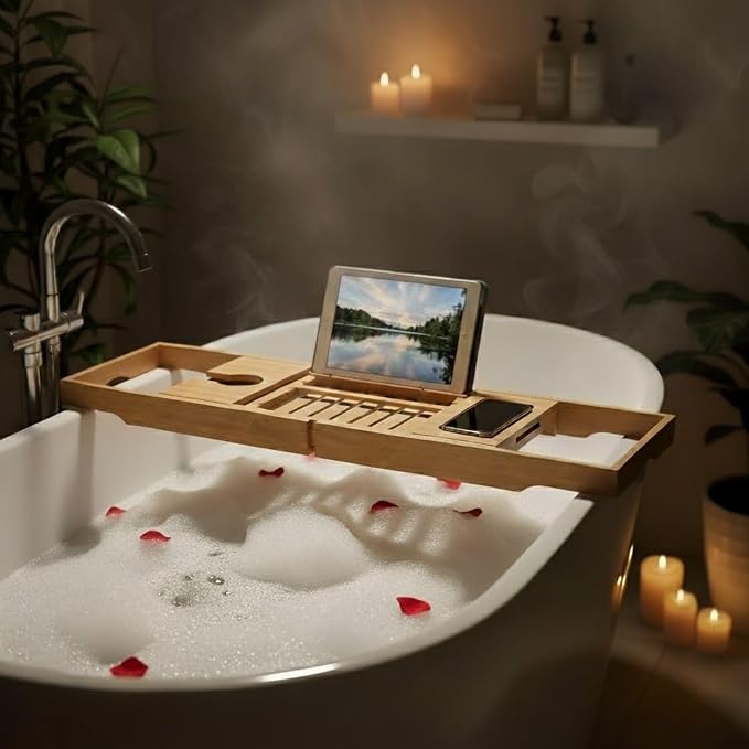 Bamboo Bathtub Tray - Wood Bath Caddy with Book, Phone, or Tablet Rest, Cup Holder, and Extended Sides for Bath Accessories by Home-Complete (Natural)