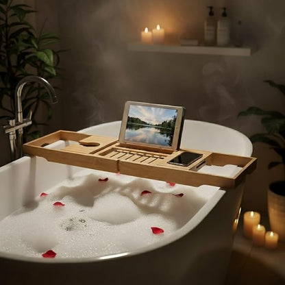 Bamboo Bathtub Tray - Wood Bath Caddy with Book, Phone, or Tablet Rest, Cup Holder, and Extended Sides for Bath Accessories by Home-Complete (Natural)