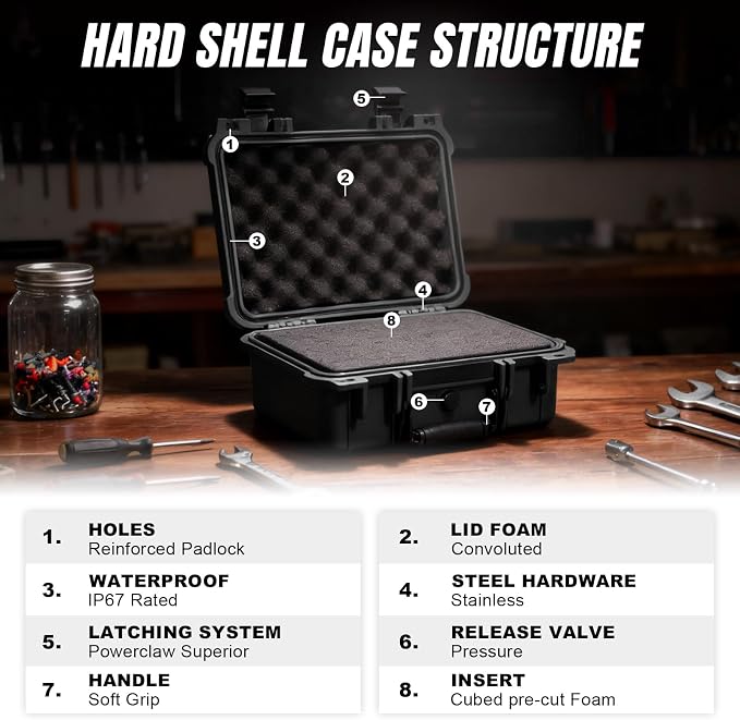 Jack Boss 13.6X11.4X6 Inch Hard Case, Portable Weather Waterproof Protective Camera Case with Customizable Foam, Foam Case Fit Use of Drones, Camera, Equipments, Black,upgraded
