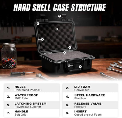Jack Boss 13.6X11.4X6 Inch Hard Case, Portable Weather Waterproof Protective Camera Case with Customizable Foam, Foam Case Fit Use of Drones, Camera, Equipments, Black,upgraded