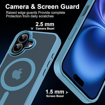 Strong Magnetic Case for iPhone 16 Case [5X-Grade Drop Tested & Compatible with MagSafe] Translucent Anti-Fingerprint Shockproof Protective Cover 6.1 Inch, Light Blue
