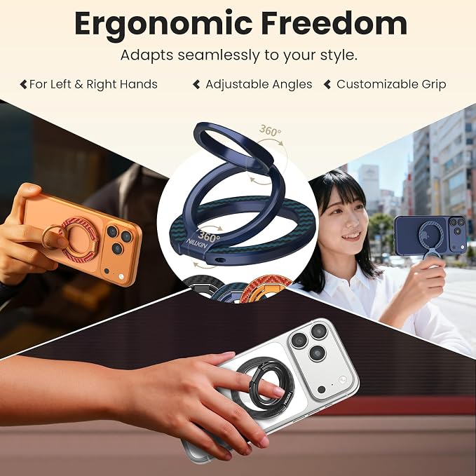 Nillkin FiberSnap Magnetic Phone Grip Ring Stand, Removable Phone Holder with Expanding Grip and Adapter Ring for MagSafe,360 Rotation Adjustable Kickstand for iPhone 16 Pro 15,14,13,12,11 (Blue)