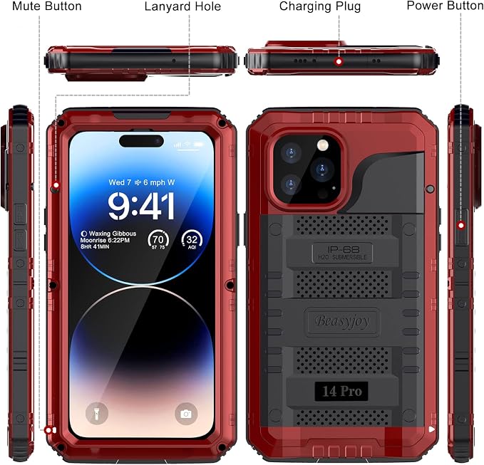 Beasyjoy Waterproof Case for iPhone 14 Pro, Metal Full Body Sealed Phone Case with Built-in Screen Protector, Military Grade Heavy Duty Defender Armor Shockproof Rugged Case 6.1 Inch, Red