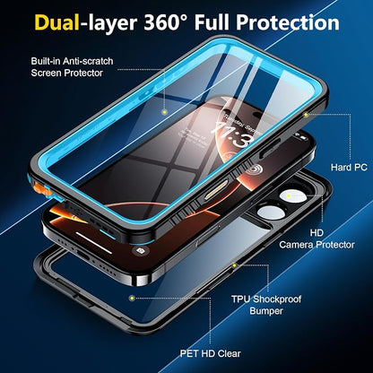SPIDERCASE for iPhone 16 Pro Max Case Waterproof, [12FT Military Drop Proof] [IP68 Waterproof] [Full Body Protection] Heavy Duty Protective Cover for iPhone 16 Pro Max 6.9”, Light Blue
