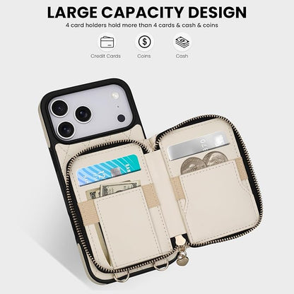 Keallce Case for iPhone 17 Pro Max 6.9'' Wallet Case, Crossbody Zipper Purse with Wrist Strap Lanyard Handbag, RFID Blocking Card Holders, Kickstand Flip Leather Cover for iPhone 17 Pro Max, Beige
