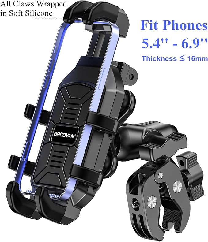 BRCOVAN Motorcycle Phone Mount Holder with Vibration Dampener, Anti-Shake Cellphone Clamp Fit Handlebars 0.5'' to 1.5'' in Diameter for Bike Bicycle Scooter ATV, Adjustable Fit 5.4-6.9'' Smartphones