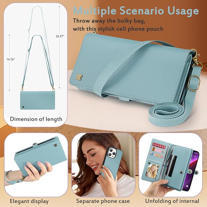 for Wallet Case Compatible with iPhone 13 Pro Max,Multi-Function Detachable 2 in 1 Magnetic iPhone 13 Pro Max Case Wallet,Flip Strap Zipper Card Holder Phone Case with Shoulder Straps (Blue)