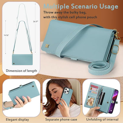 for Wallet Case Compatible with iPhone 13 Pro Max,Multi-Function Detachable 2 in 1 Magnetic iPhone 13 Pro Max Case Wallet,Flip Strap Zipper Card Holder Phone Case with Shoulder Straps (Blue)