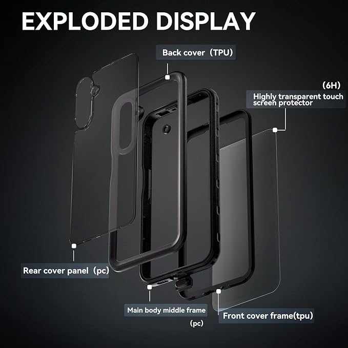 Omio for Galaxy A16 5G Waterproof Case, Full Body IP68 Underwater Clear Protective Case Built-in Screen Protector Heavy Duty Shockproof Case for Men Women, Black
