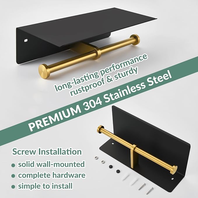 APLusee Double Toilet Paper Holder with Phone Shelf Black & Gold, 304 Stainless Steel Tissue Paper Roll Storage Dispenser, Wall Mounted