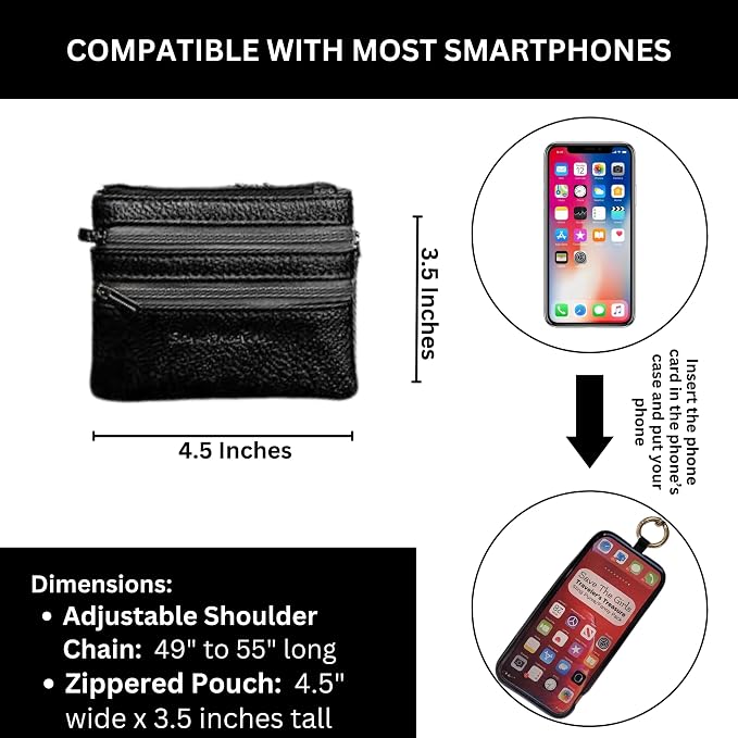 Save the Girls Clip and Go Phone Metal Chain with Pouch (Gun Metal - Black Pouch) – Stylish Phone Lanyard Crossbody with Wallet for Women, Hands-Free Carrying and Adjustable Crossbody Chain Strap