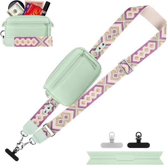 YFWE Clip and Go Strap for Phone with Wallet Crossbody, Adjustable Phone Lanyard with Detachable RFID Wristlet Wallet, Pattern Strap, Green (M)