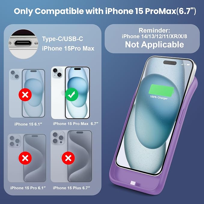 Battery Case for iPhone 15 Pro Max,Powerful 8600mah Ultra-Slim Protective Charging Case,15W Fast Charging Portable Rechargeable Expandable Battery Charger Cover for iPhone 15 Pro Max(6.7inch)-Purple