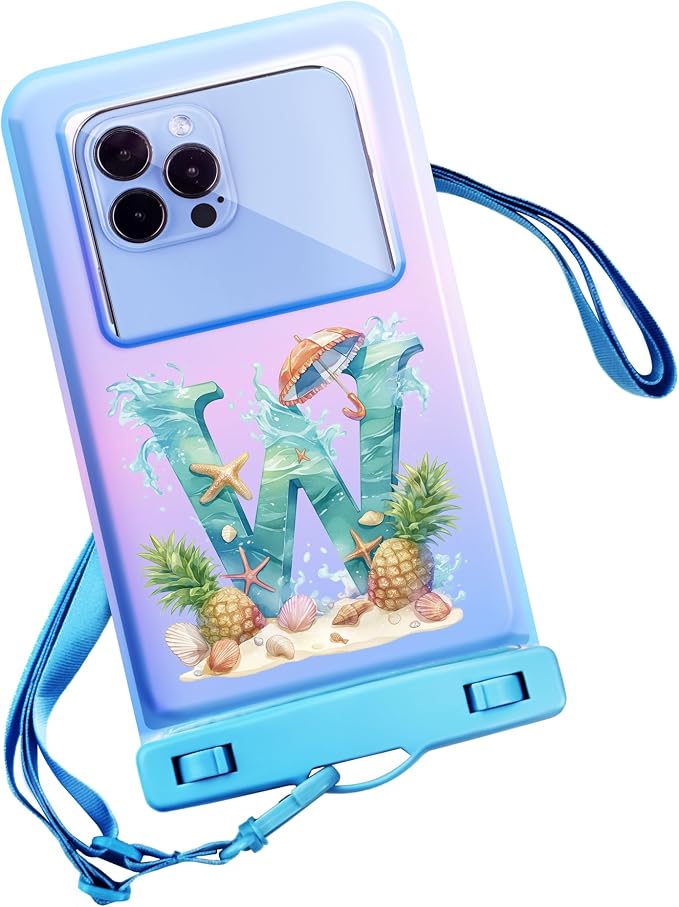 Personalized Initial Waterproof Phone Pouch Case - IPX8 Cellphone Dry Bag with Lanyard for iPhone 16/15/14/13/12 Pro Max (6.1–6.9"), Beach & Cruise Ship Essentials with Monogrammed Design (Blue, W)