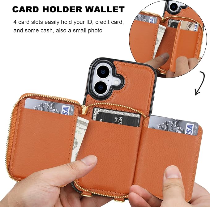Bocasal RFID Blocking Wallet Case for iPhone 17, Adjustable Crossbody Zipper Purse Case Card Holder with Kickstand Detachable Wrist Strap, PU Leather Flip Folio Case 6.3 Inch 5G (Brown)