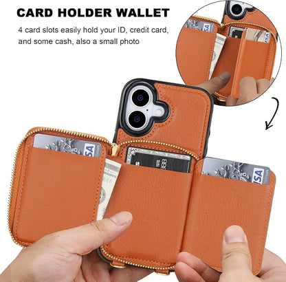 Bocasal RFID Blocking Wallet Case for iPhone 17, Adjustable Crossbody Zipper Purse Case Card Holder with Kickstand Detachable Wrist Strap, PU Leather Flip Folio Case 6.3 Inch 5G (Brown)