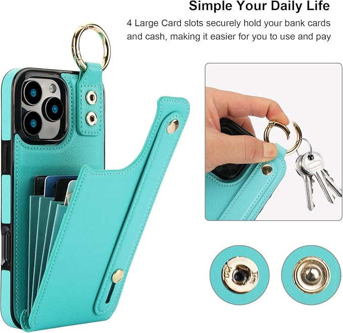 Folosu for iPhone 16 Pro Max Wallet Case with Card Holder, Hand Wrist Strap Loop Holder Kickstand, RFID Blocking Finger Grip Ring PU Leather Double Buttons Shockproof Cover 6.9" Green