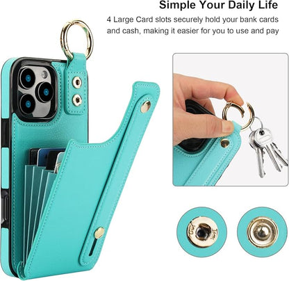 Folosu for iPhone 16 Pro Max Wallet Case with Card Holder, Hand Wrist Strap Loop Holder Kickstand, RFID Blocking Finger Grip Ring PU Leather Double Buttons Shockproof Cover 6.9" Green