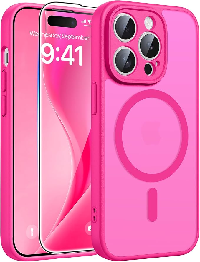 FNTCASE for iPhone 14 Pro Max Case: [Compatible with Magsafe] Translucent Matte Cases with [Full Camera Protection] [Screen Protector] Military Grade Shockproof Protective Phone Cover - Hot Pink