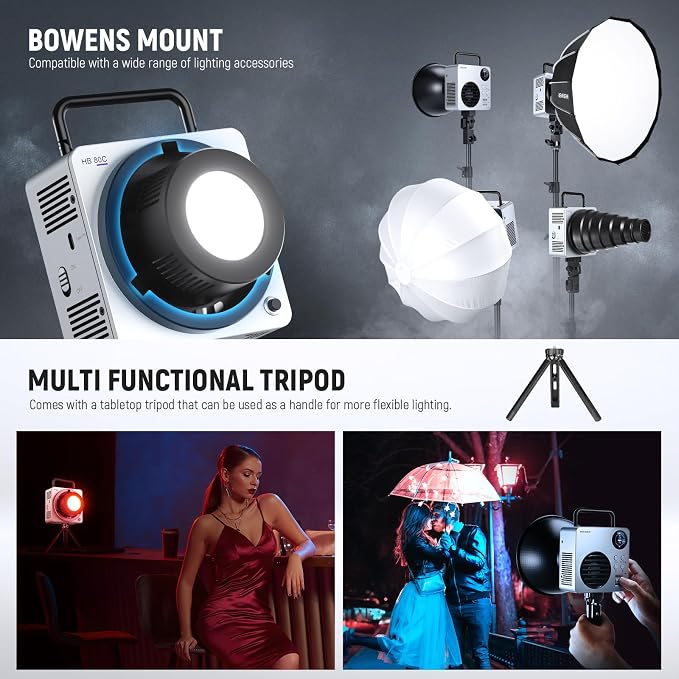 NEEWER 80W RGBWW LED Video Light with 72Wh Battery, 100W PD Fast Charger, APP/2.4G Control, 10400lux/m 2500K-7500K, Mini RGB Bowens Mount Studio Photography Recording Continuous Output Lighting, HB80C