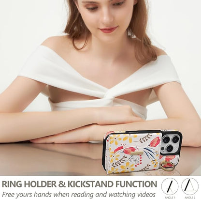 Keallce Wallet Case for iPhone 16 Pro Max 6.9'', Flip Case with Card Slots, Ring Holder Kickstand, PU Leather Protective Folio Cover for Women, Floral