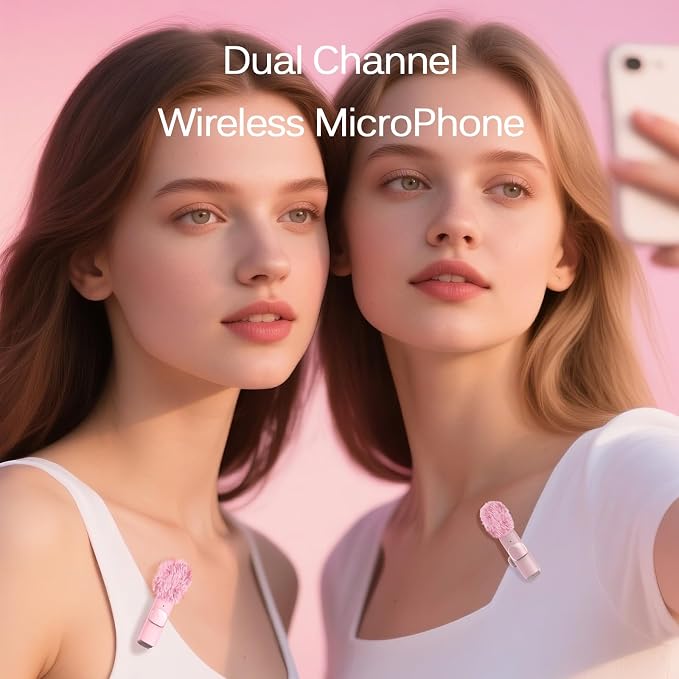 Wireless Lavalier Lapel Microphone for iPhone, iPad, mini Video Recording Mic for Interview Video Podcast Vlog YouTube & Livestream, Noise Reduction, Plug & Play (Pink Type C & Lightning Port)