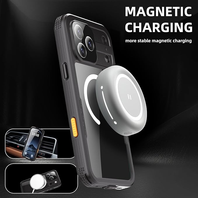Omio for iPhone 17 Pro Max Waterproof Case Compatible with MagSafe, Magnetic Waterproof Full Body IP68 Underwater Case Built-in Screen Protector Military Grade Shockproof Cover for Men Women Black