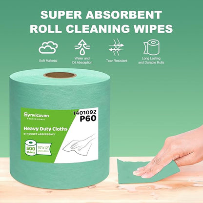 Cleanroom Wipes Heavy Duty Cloths, Lint-Free and Extra Absorbent Towels Jumbo Roll, Green (12"x10", 500 PCS)