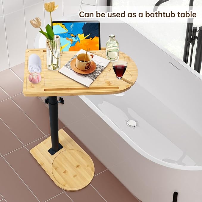 C Shaped End Table for Couch,360° Swivel Height Adjustable Couch Side Table,Thickened Base Plate,Sofa Tray with Cell Phone & Tablet Slot,C-Shaped Drink Table for Sofa/Bed/Bathtub