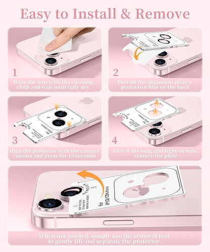GolbinBox Camera Lens Protector for iPhone 13/13 Mini, 1:1 Invisible Fit, 9H Tempered Glass Ultra HD Metal Individual Camera Cover for Women, Case Friendly, Bling/Pink