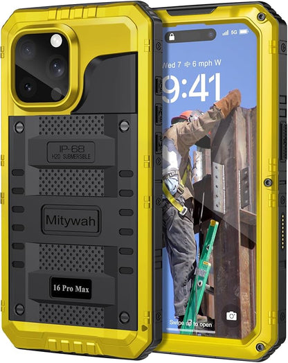 Mitywah Waterproof Case for iPhone 16 Pro Max, Heavy Duty Metal Cover with Built-in Screen Protector, Military Grade Full Body Shockproof Rugged Protective Phone Case 6.9 inch, Yellow