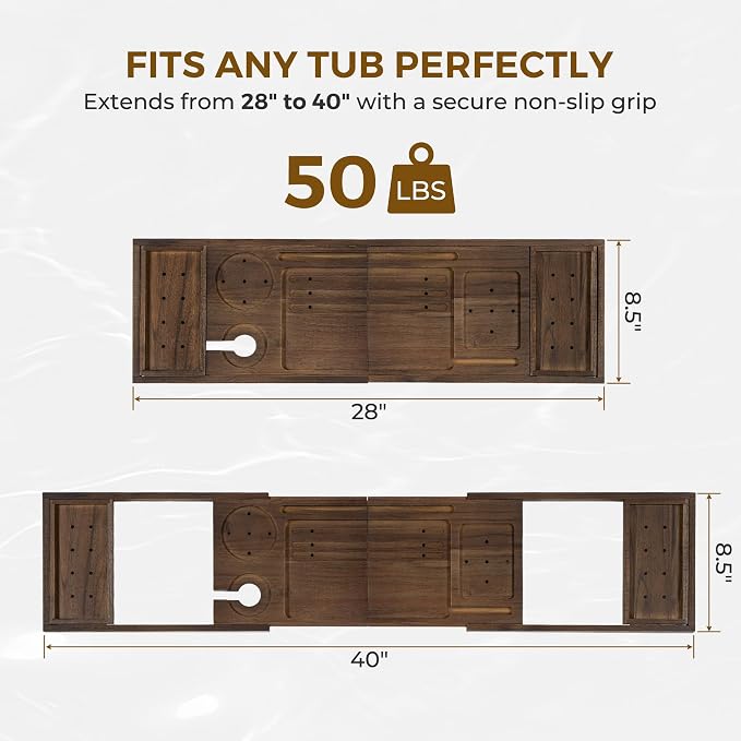 Venusmiles Teak Bathtub Tray Caddy, Foldable Bath Tray with Expandable Handles, Wine Glass and Phone Holders, Book Stand, for Home Spa Relaxation, Luxury Bathroom Accessories - Dark Walnut Color