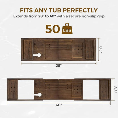 Venusmiles Teak Bathtub Tray Caddy, Foldable Bath Tray with Expandable Handles, Wine Glass and Phone Holders, Book Stand, for Home Spa Relaxation, Luxury Bathroom Accessories - Dark Walnut Color