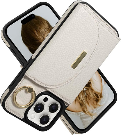 Keallce Wallet Case for iPhone 15 Pro Max 6.7'', Flip Case with Card Slots, Ring Holder Kickstand, PU Leather Protective Folio Cover for Women, Beige